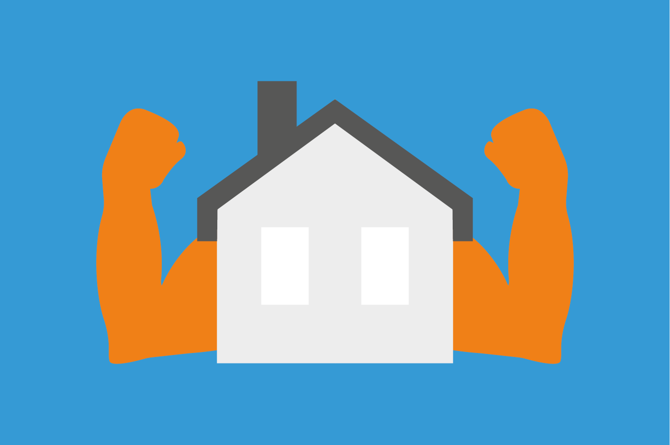 Illustriertes Haus mit muskulösen Armen